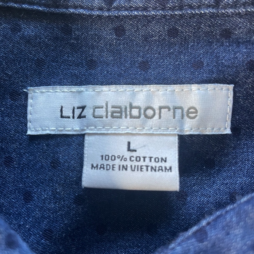 LIZ CLAIBORNE Navy Blue Cotton Blouse Shirt SZ L Casual Comfy Chambray Polka Dot - Picture 9 of 16